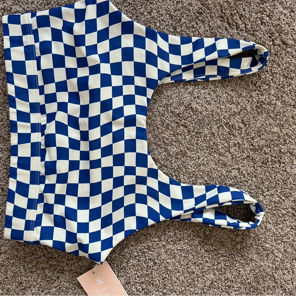 NWT Wilo The Label Blue and White Check The Wave Bike shorts and Bra set. Medium - Picture 4 of 11
